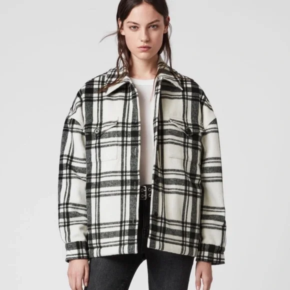 AllSaints Luella Check Jacket Black White Buffalo Plaid Medium Sherpa Lined - Picture 12 of 12